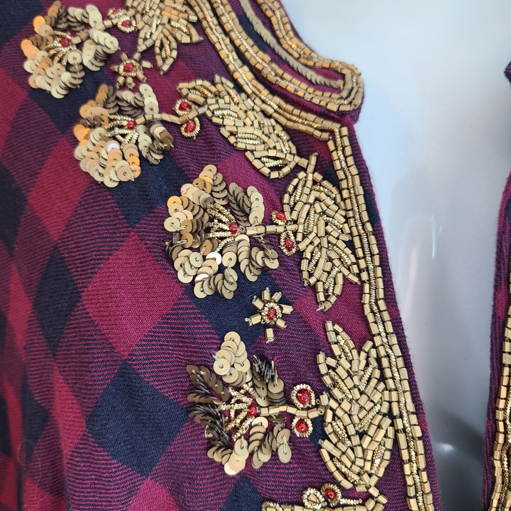 Soft Surroundings Webster Tunic Top Women S Red Burgundy Plaid Embellished Gypsy - Picture 8 of 16